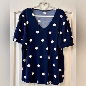 Adrianna Papell Navy Blue Polka Dot V-Neck Blouse